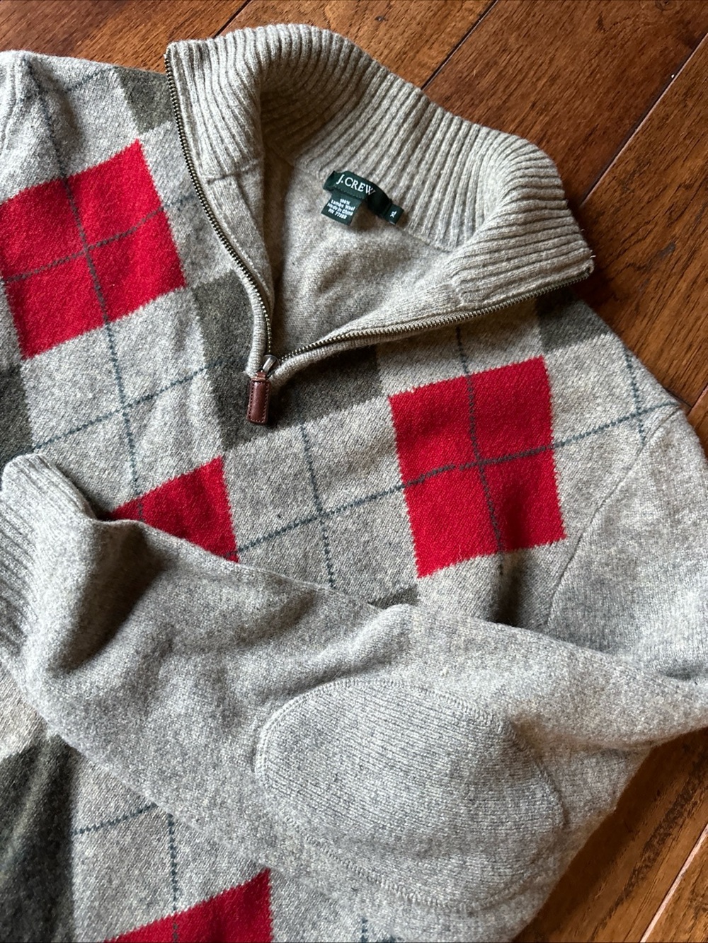 J Crew Sweater Mens XL Red green Argyle Lambs Wool 1/4 Zip Elbow Patches - Picture 3 of 5